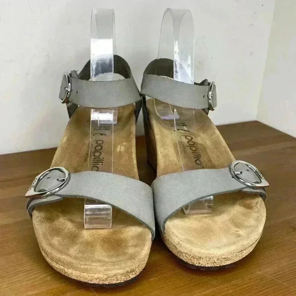 NEW Birkenstock Papillio Soley Nubuck Dove Gray Leather Wedge Sandals EU39 US8